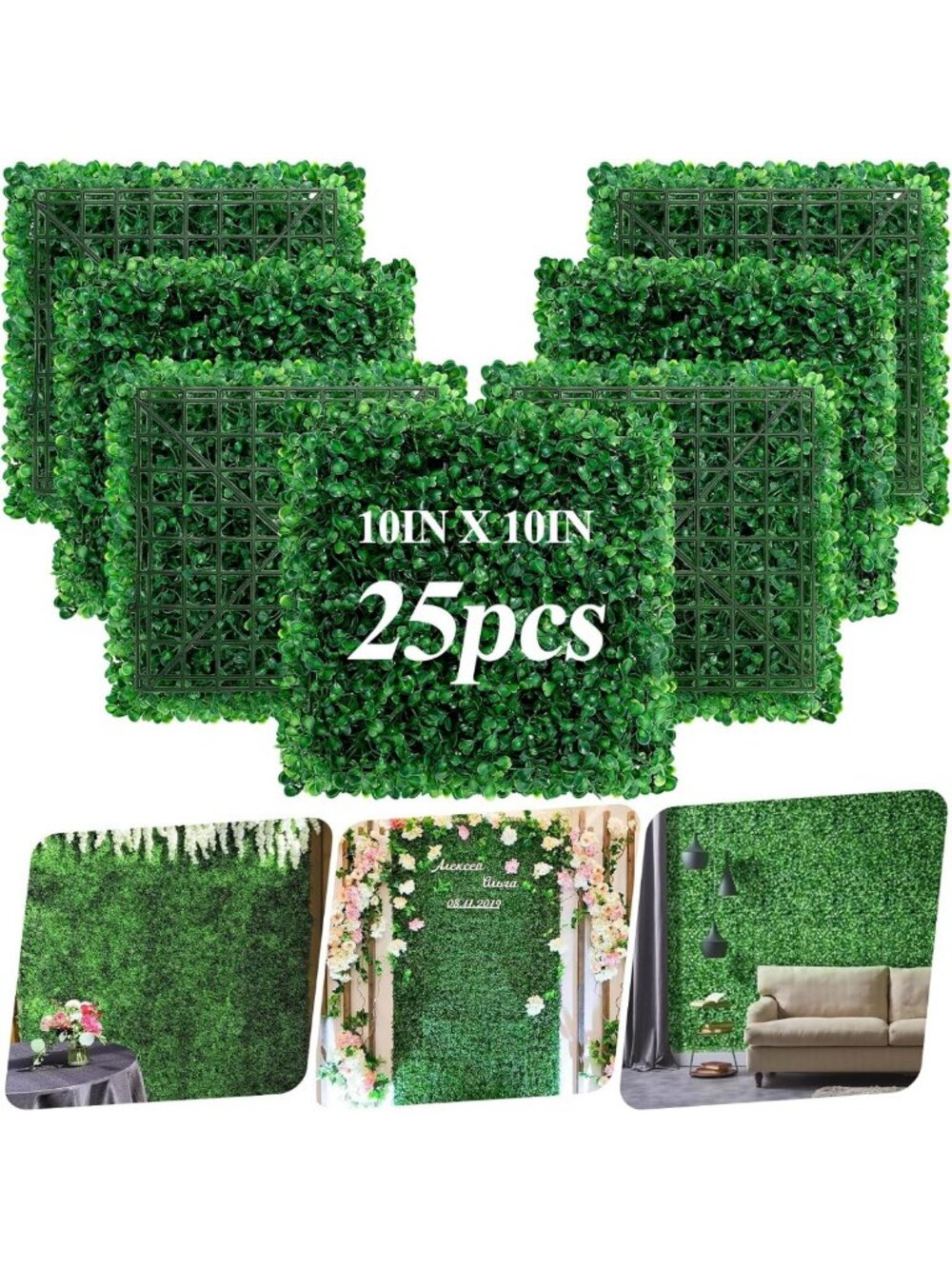 25 Pcs UV-Protected Artificial Grass Wall Panels 10" x 10" Greenery Decor